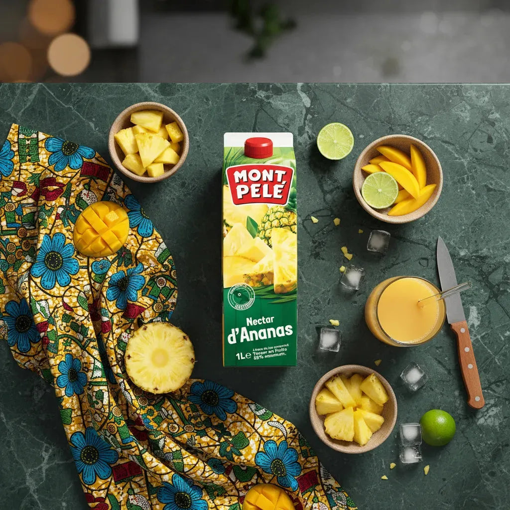 Brique de nectar d'ananas MONTPELÉ entourée de fruits frais sur table verte, boisson exotique parfaite pour cocktails et jus naturels.